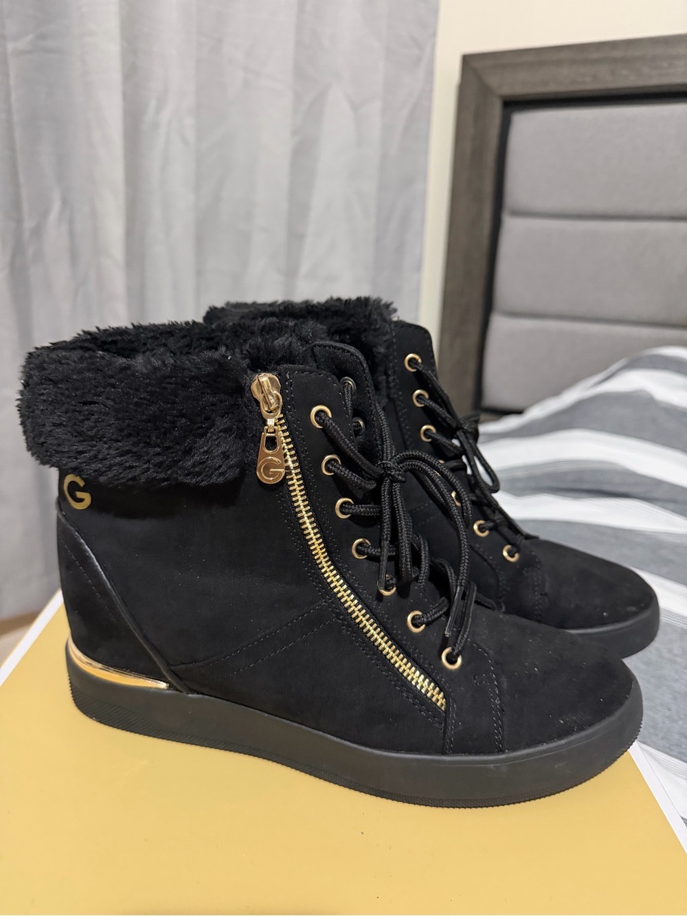 Guess Black Wedge Ankle Boots with Gold Hardware